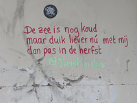 907540 Afbeelding van een 'straathaikoe' geschilderd op een muur van een leegstaand schoolgebouw aan de Lagenoord te ...